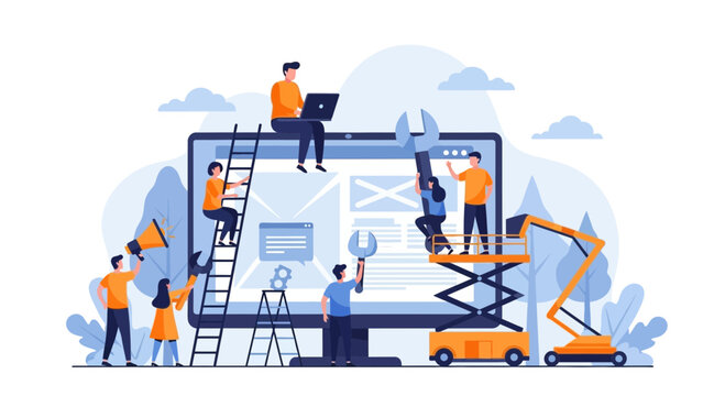 A diverse team of professionals collaborates on a large computer screen, using ladders and lifts to build and repair a website, symbolizing teamwork and digital development