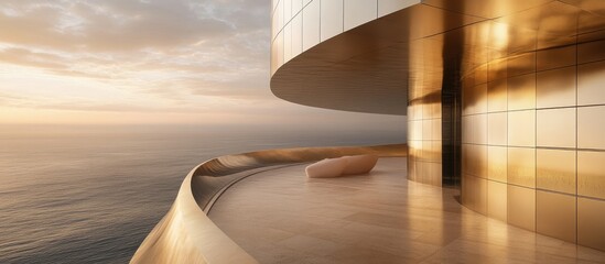 Golden Balcony Overlooking Ocean at Sunset: Modern Architecture and Serene Coastal View
