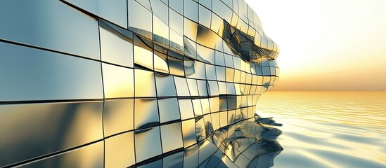 Abstract Architectural Sculpture Reflecting Sunset Over Calm Waters