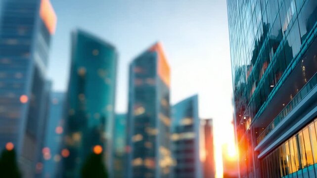 City Sunrise: A blurred shot of urban skyscrapers bathed in the golden hues of sunrise, creating a captivating modern cityscape