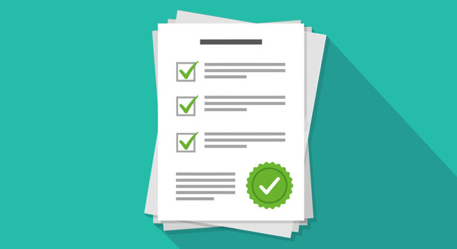 A stack of papers with a checklist and a green checkmark seal, signifying completion and approval