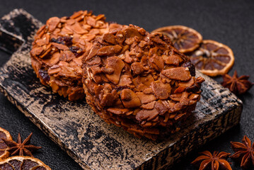 Chocolate chip cookies with caramelized nuts, a healthy sweet snack. Nut cookies