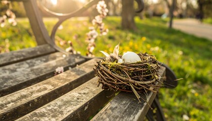 Bird's nest with eggs atop a park bench, back-lit by gentle light filtering through trees