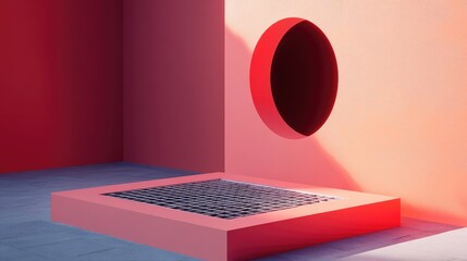 Geometric Red Room with Circular Hole and Grid Platform, Abstract Design.
