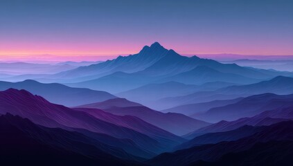 Obraz premium A serene vista of mountain ranges, bathed in hues of twilight blue and purple, displays a breathtaking, layered landscape.