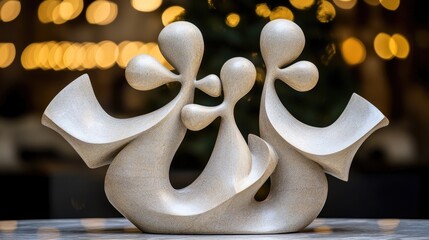 Abstract Family Sculpture Embracing Warm Bokeh Lights, Symbolizing Unity and Love
