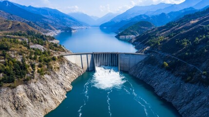 Concrete Dam Waterfall Serenity of mountains, blue lake view, Hydro Power ,Engineering