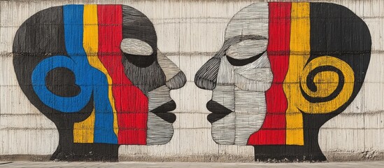 Abstract Mural: Two Stylized Faces in Profile with Bold Primary Colors on Concrete Wall