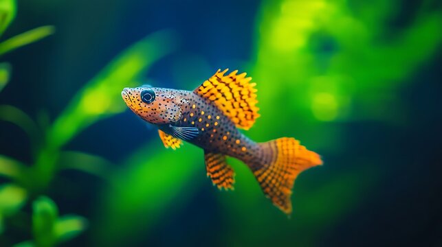 A small, colorful fish with orange fins swims in a lush green aquarium