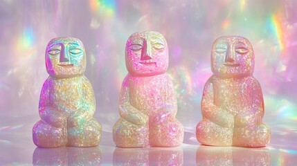 Three iridescent Moai statues bathed in rainbow light, serene and reflective.