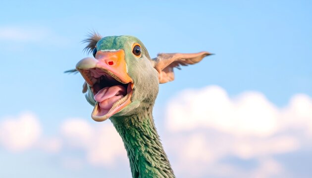 Angry goose with open beak against a blue sky background
