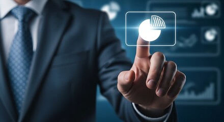 A businessman touching a pie chart icon on a screen with a blue suit and tie visible nearby