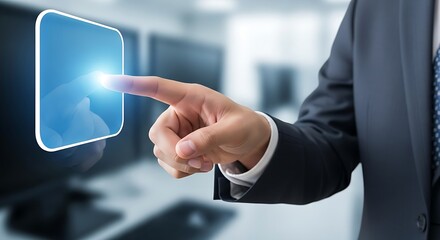 A businessman interacting with a digital interface using a touch screen technology device system