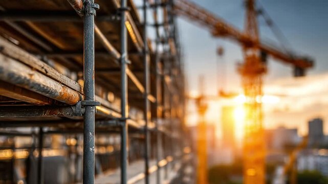 Construction Sunrise: A dynamic view of a construction site at dawn, where scaffolding and crane silhouette against a vibrant sunrise, symbolizing progress, creation, and the start of a new day.