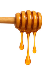 Golden Honey Dripping from Wooden Dipper – Close-Up of Thick, Viscous Honey Stream on Transparent Background