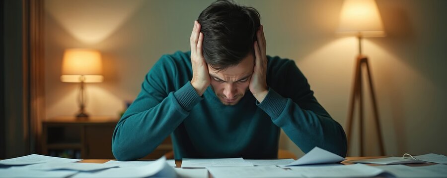 Man stressed at desk with papers piled around him. He holds head in hands, looking overwhelmed by tasks. Gloomy indoor setting suggests late night work or difficult personal matters.