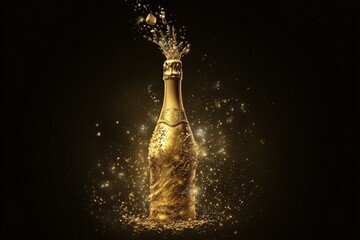 Golden champagne bottle exploding with sparkling splash.