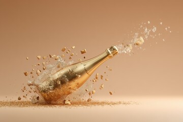 Champagne bottle crashing with explosion on beige background.