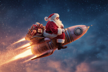 Santa Claus riding rocket with gift bag in space.