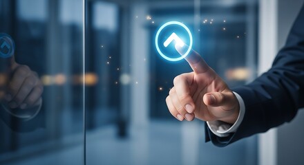 A finger touching a glowing up arrow on a glass surface in a modern office setting with reflections