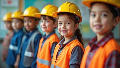 Children wearing construction worker costumes with yellow hard hats and orange vests stand in a classroom. They are learning about different careers and vocational skills.