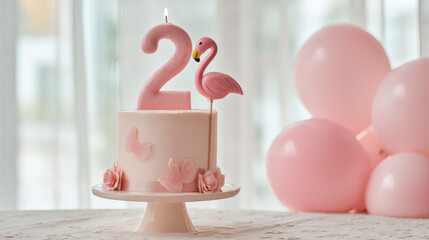 A beautiful image of a pastel pink birthday cake with a flamingo topper, a number 2 candle, and pink balloons. Parties and celebrations