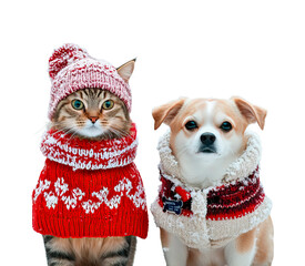 Cat and dog wearing cozy Christmas sweater with pattern and Christmas hat sitting on transparent background, png