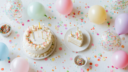 A birthday flat with cake, candles, balloons and colorful confetti on a white background