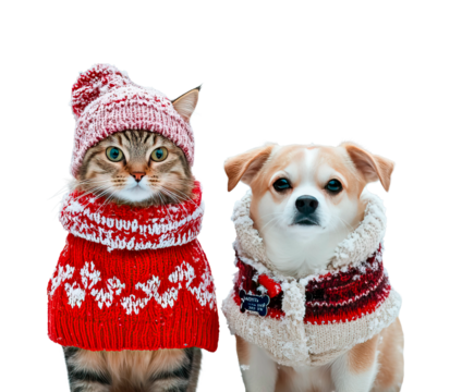 Cat and dog wearing cozy Christmas sweater with pattern and Christmas hat sitting on transparent background, png