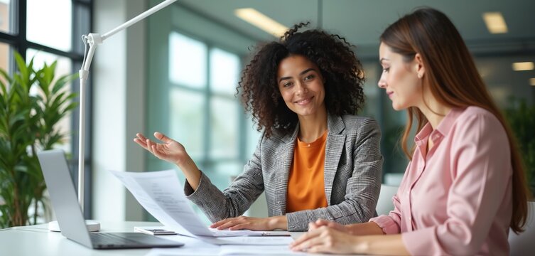 Two women collaborate in modern office discussing documents, plans. One woman gestures explaining, listens attentively, reviewing papers with laptop nearby. Teamwork, communication fuel business