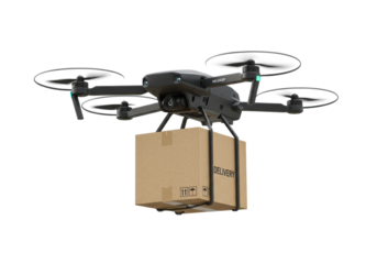 A sleek black quadcopter drone with blurred propellers carries a brown box labeled 'DELIVERY' on a transparent studio background with high-key lighting, concept of automated package delivery