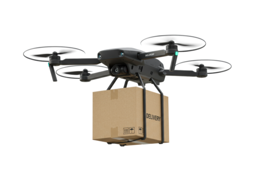 A sleek black quadcopter drone with blurred propellers carries a brown box labeled 'DELIVERY' on a transparent studio background with high-key lighting, concept of automated package delivery - Powered by Adobe