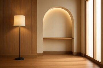 Warm illuminated modern interior with arched alcove and floor lamp casting soft light illustration