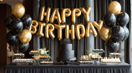 A black and gold adult birthday party with an elegant cake and floating letter-shaped balloons. Happy birthday. Parties and celebrations