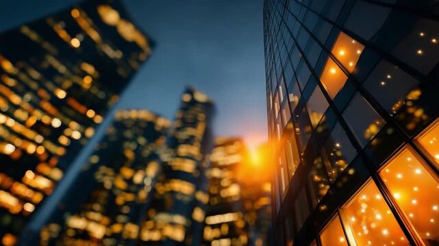 City Skyline: Architectural wonder of skyscrapers dominates a dusky, nightscape sky, reflecting light from the urban core. Capturing modern development