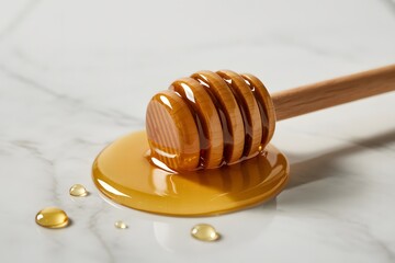 Honey Dipper Resting in a Golden Pool on Marble Surface – Glossy Macro Shot of Sweet Liquid and Droplets