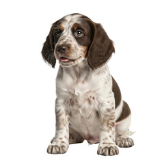 Adorable young english springer spaniel puppy with brown and white spotted fur sitting attentively looking forward with its mouth slightly open