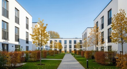 Modern apartment buildings with a green courtyard and trees in autumn under a clear blue sky