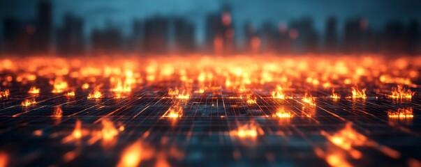 Fiery Data Grid, Abstract Cityscape ,Network