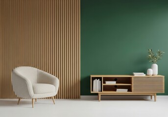 Modern living room design with textured wood panels and comfortable armchair illustration