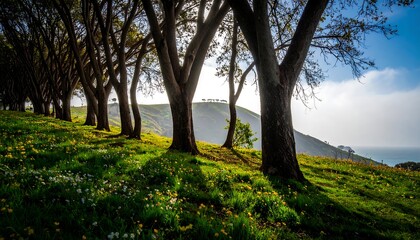Sunny Hillside Meadow with Trees