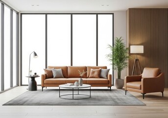 Modern living room with large windows comfortable sofa and accent chair cozy ambiance illustration