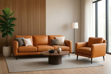 Modern living room interior design with tan leather sofa accent chair and round coffee table illustration