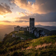 Obraz premium Sunset illuminates ancient stone castle ruins perched atop a hill, overlooking a valley