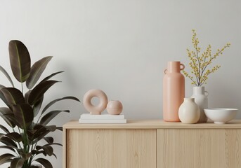 Modern home interior with green plant books vase and decorative objects on a credenza illustration
