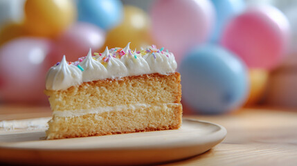 A close-up of a slice of birthday cake with colorful balloons out of focus in the background. Parties and celebrations. Happy birthday