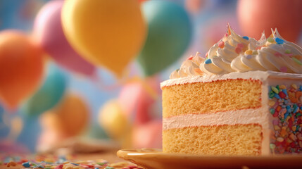 A close-up of a slice of birthday cake with colorful balloons out of focus in the background. Parties and celebrations. Happy birthday