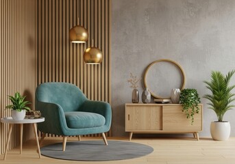 Cozy modern living room corner with plush teal armchair and decorative cabinet illustration
