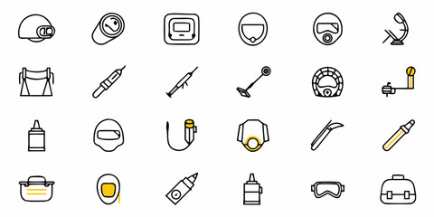 Dynamic collection of professional icons representing safety gear, tools, and industrial equipment, perfect for modern business and technology presentations, highlighting innovation and precision.