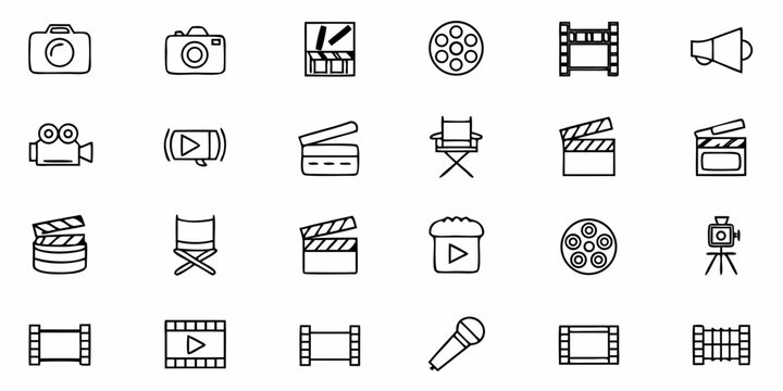 Captivating collection of film and media production icons, perfect for creative projects, broadcasting, and entertainment branding, offering dynamic visual storytelling elements.